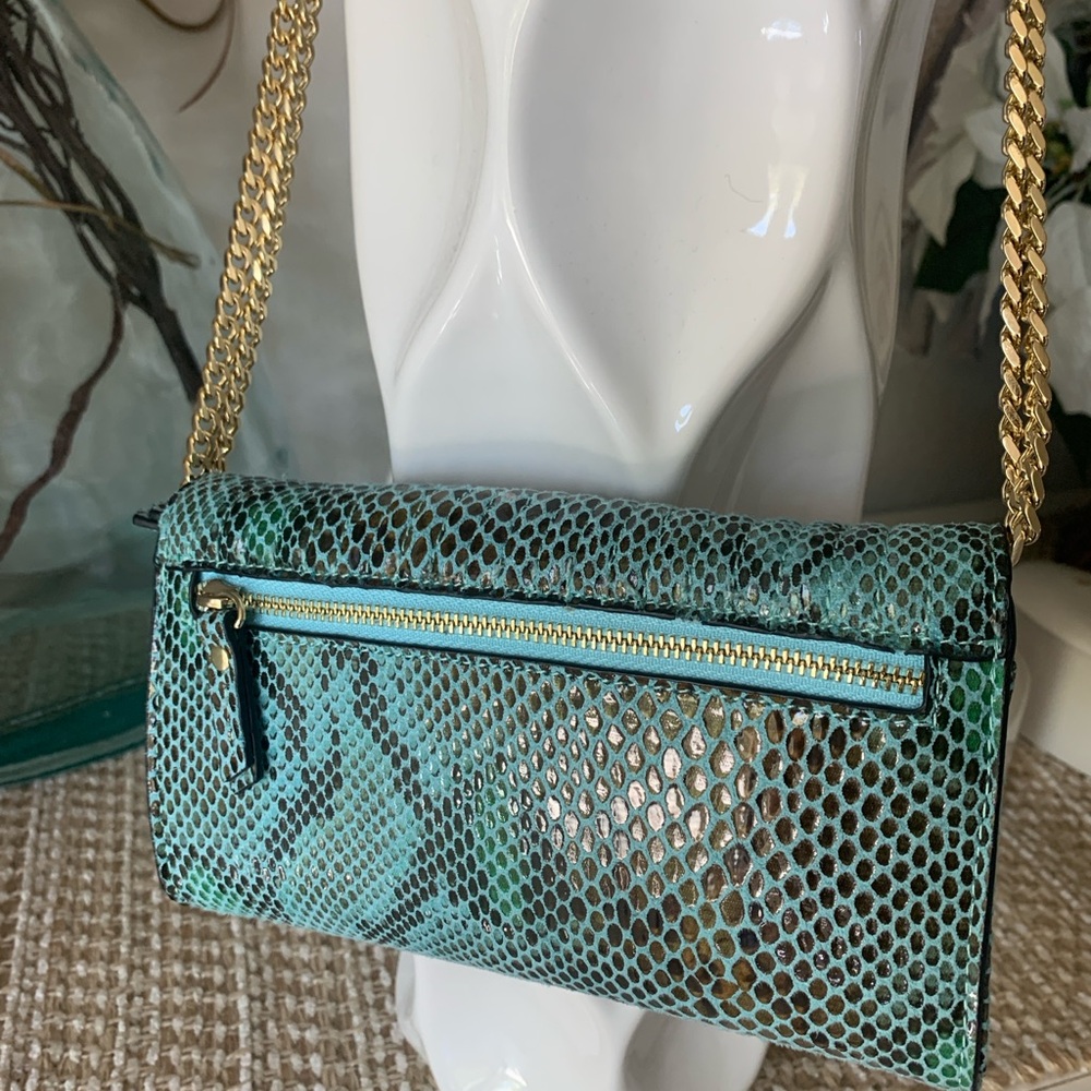 NWT Kate Landry Teal Snake-Embossed Crossbody 3way purse with Gold Chain Strap - Picture 4 of 10